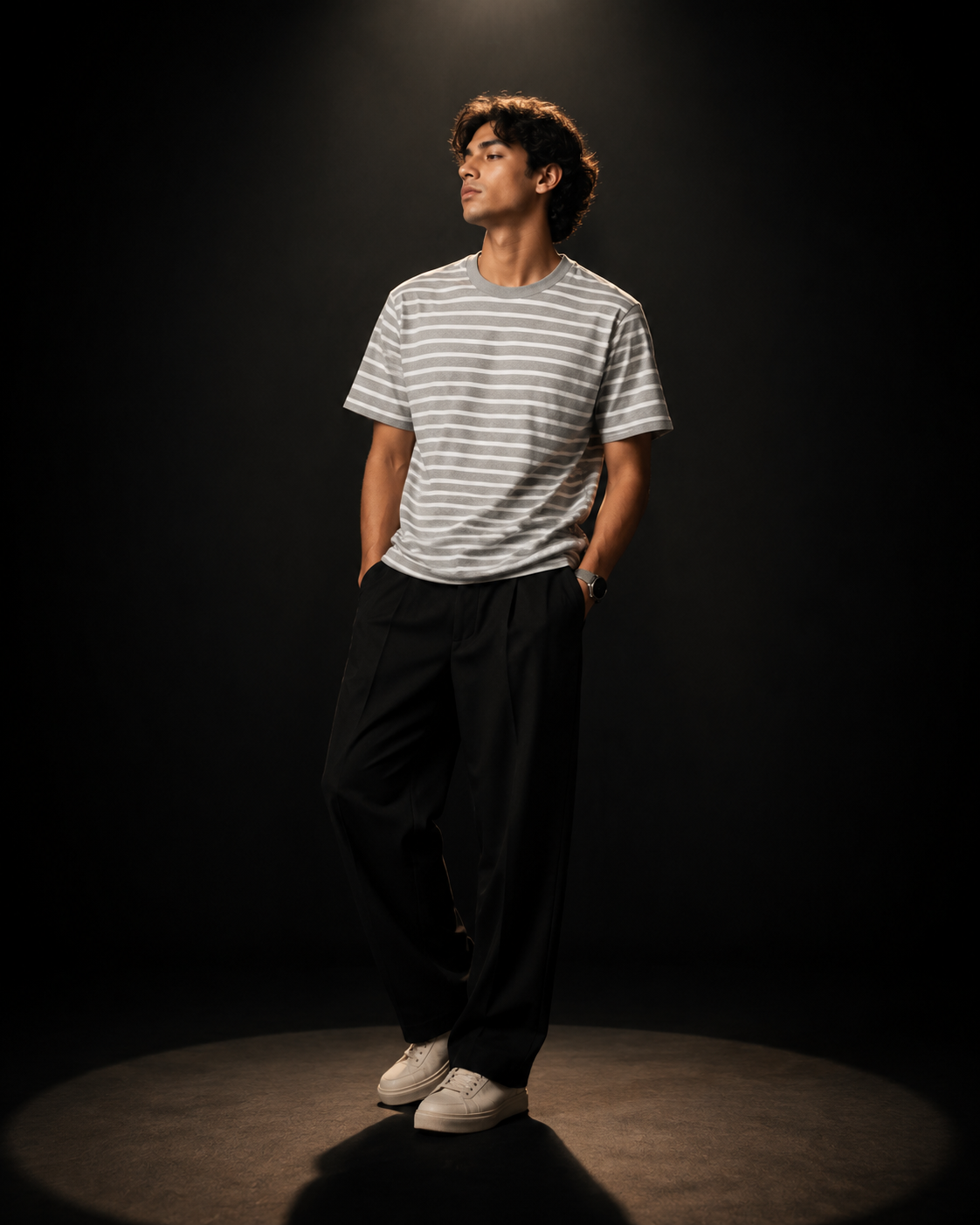 Camiseta Clasica Elegante / Gris y rayas Blancas